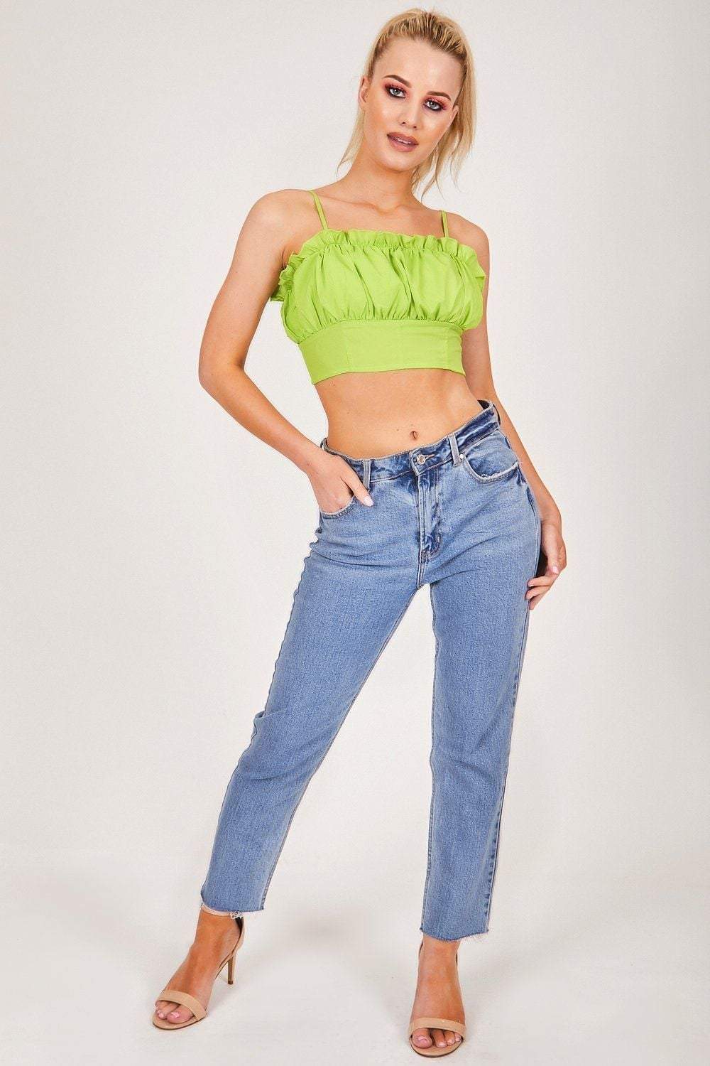 Green Square Neck Frill Crop Top