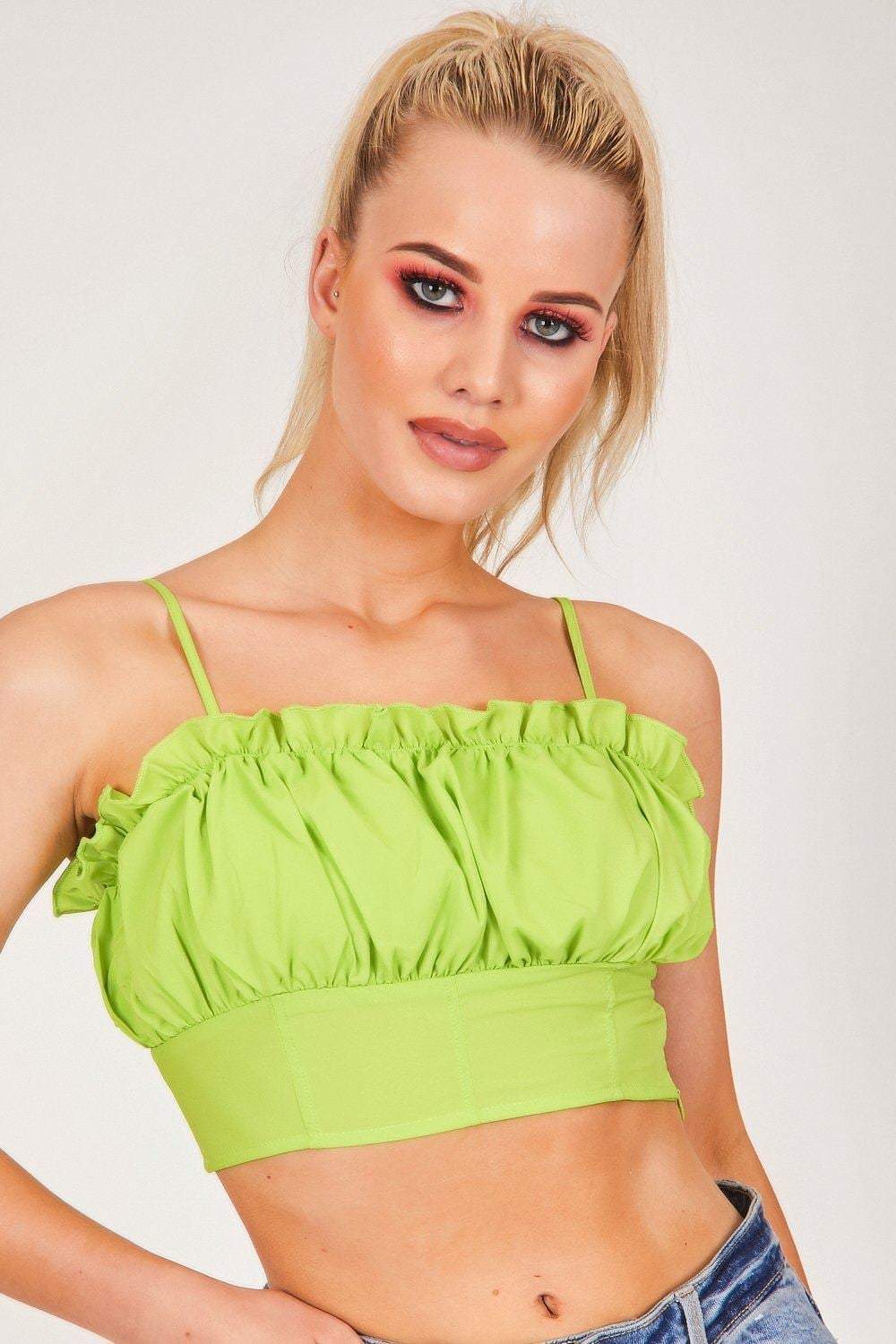 Green Square Neck Frill Crop Top