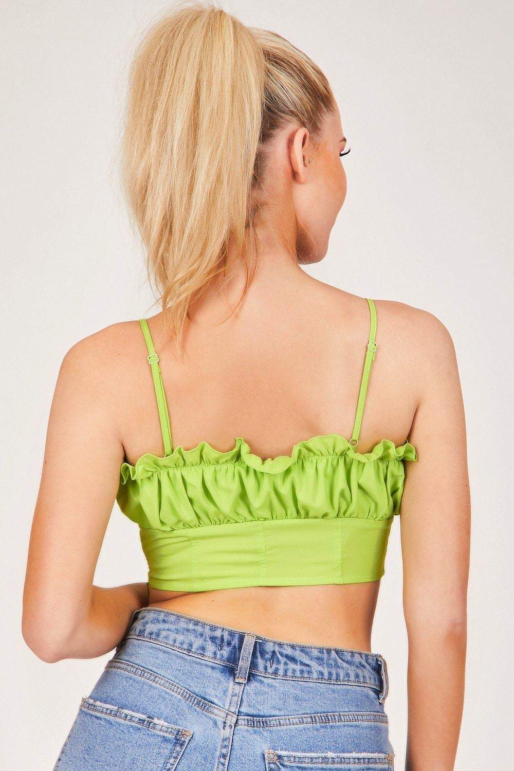 Green Square Neck Frill Crop Top