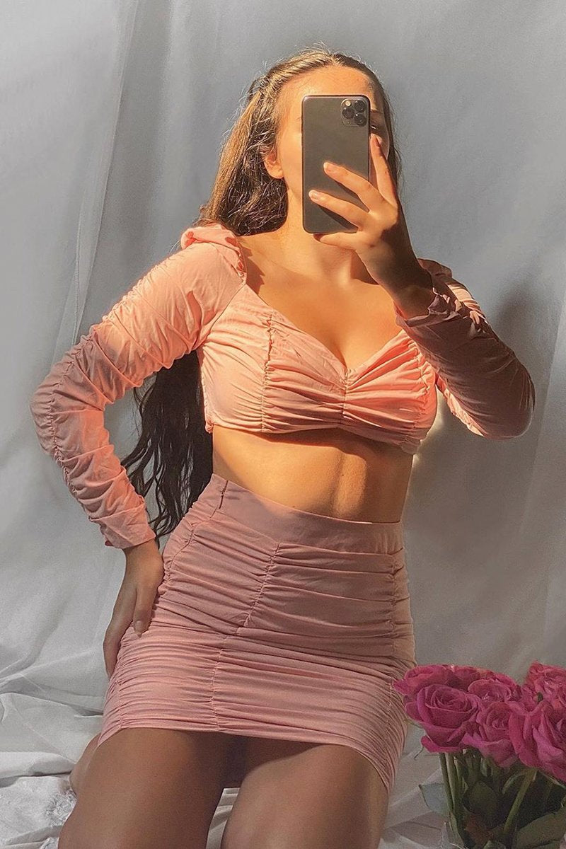 Pink Puff Shoulder Ruched Front Crop Top & Skirt Co-ord