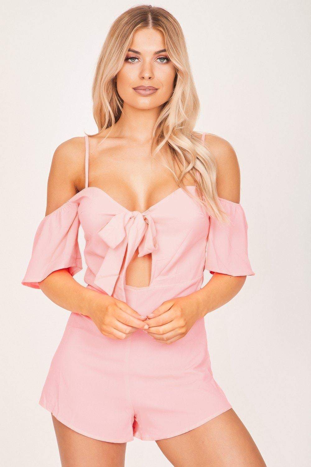 Neon Pink Off The Shoulder Tie Front Playsuit