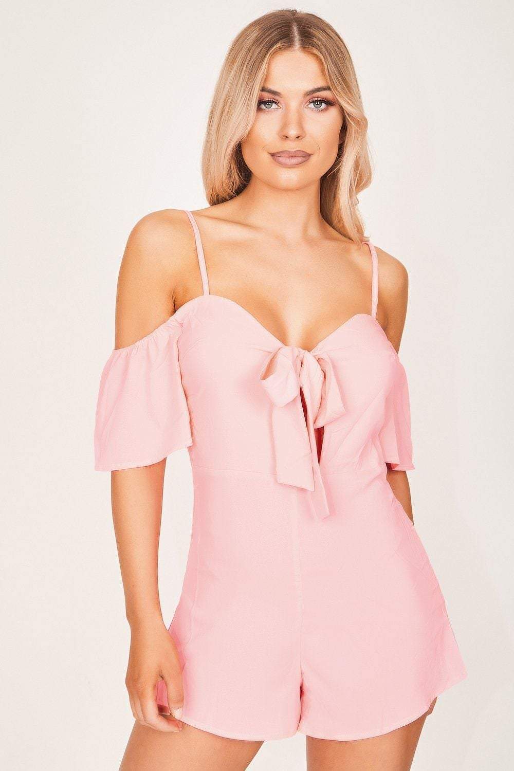 Neon Pink Off The Shoulder Tie Front Playsuit