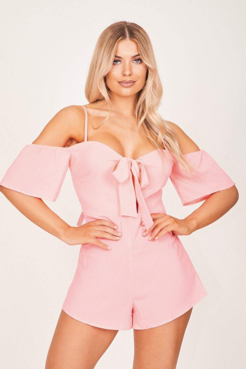 Neon Pink Off The Shoulder Tie Front Playsuit