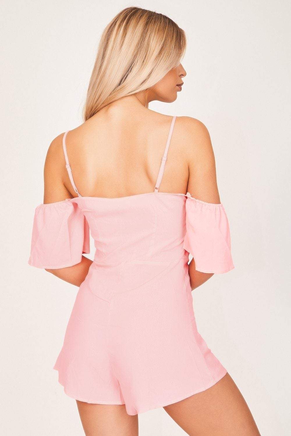 Neon Pink Off The Shoulder Tie Front Playsuit