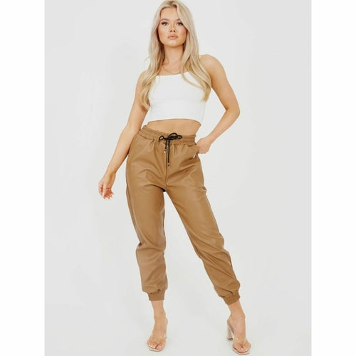 Faux Leather PU Jogger Trousers - Camel