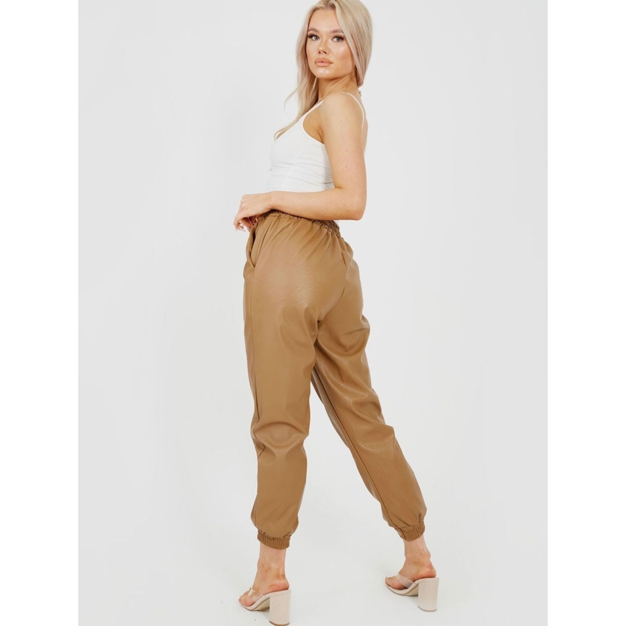 Faux Leather PU Jogger Trousers - Camel