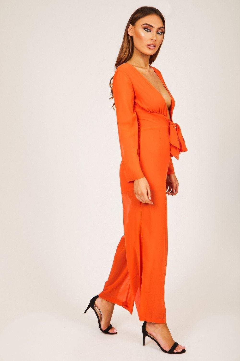 Orange Sheer Tie-Front Jumpsuit