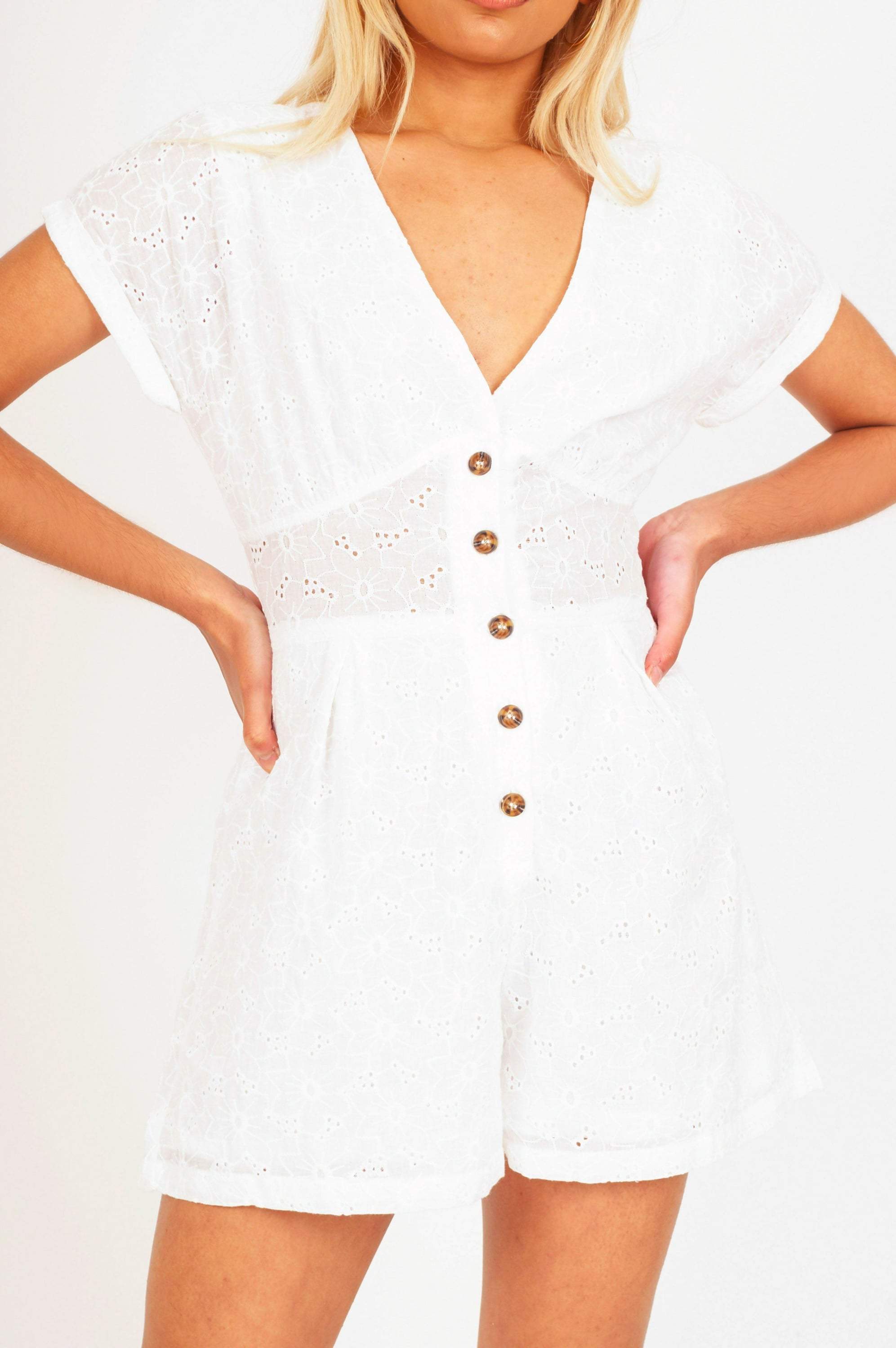 White Eyelet Button Up Playsuit