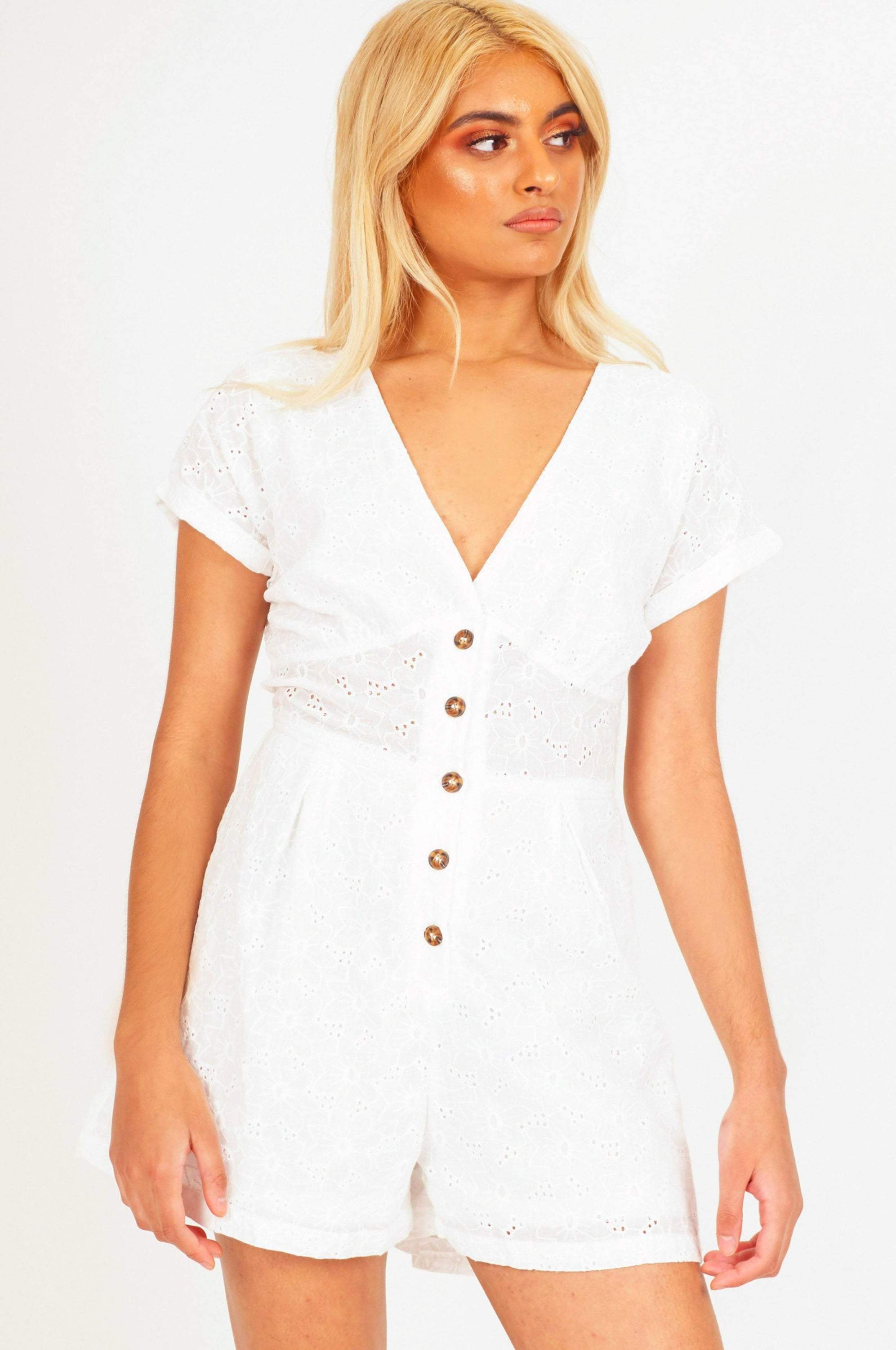 White Eyelet Button Up Playsuit