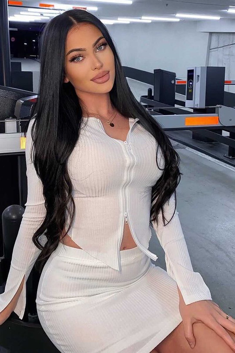 White Ribbed Double Zip Top & Skirt Co-ord - Aaliyah